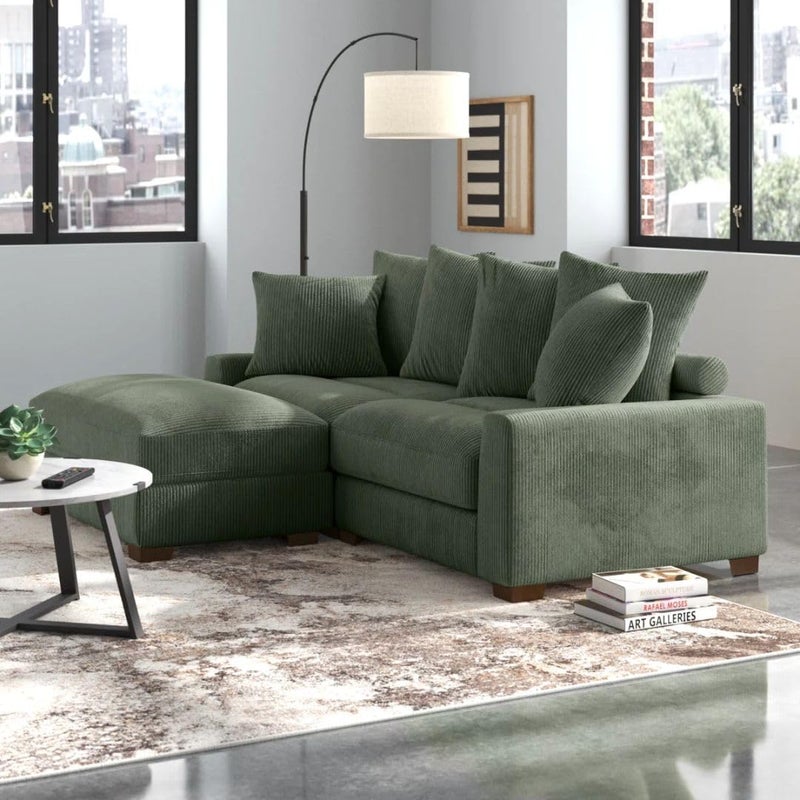 Comfynest Reversible Corner Sectional Sofa with Ottoman - Green Corduroy Upholstery - Image 1